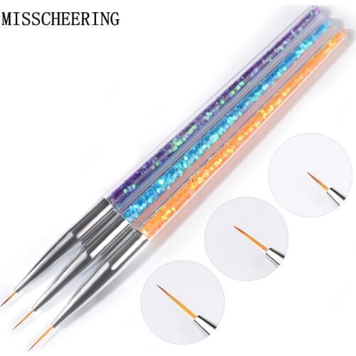 3 Pcs/Set Nail Design Brushes Drawing Pen Glitter Handle 7/9/11mm For DIY Flowers Liner UV Gel Polish Design Manicure Tools