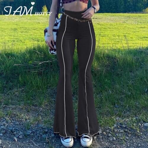 Contrast Patchwork Flare Pants Capris Women Stretchy Baggy High Waist Joggers Sweatpants Casual Sports Trousers Black Iamhotty