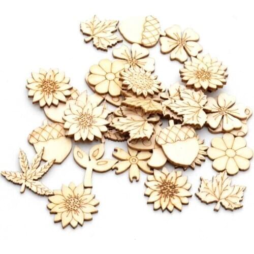 Best Quality 25Pcs Flatback Wood Craft Decoration Promotions Scrapbooking Embellishments Mixed Flower Styles Pendants 25-28mm