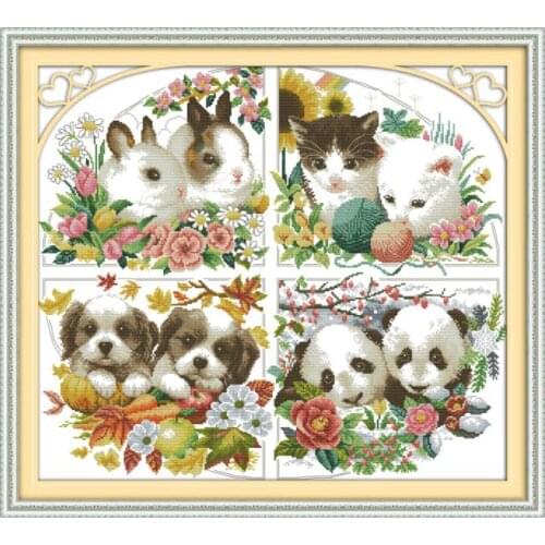 Four seasons animal cross stitch kit 14ct 11ct stamped canvas cross stitching animal lover embroidery DIY handmade needlework