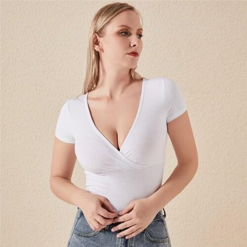 Pure Color Female T-shirt Wild Sexy Deep V-neck Retro Fashion Tight Top Short Sleeve Casual Comfortable Female T-shirt