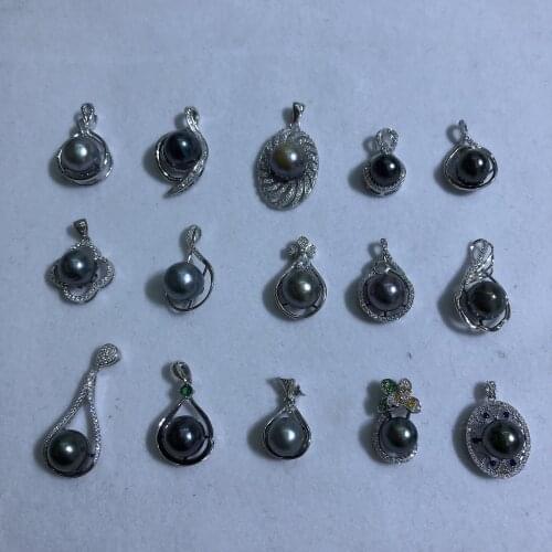 Wholesale 925 Sterling Silver 9-10mm Natural Black Tahiti Southsea Round Pearl Pendant Nice Party Gift, 5pcs/lot