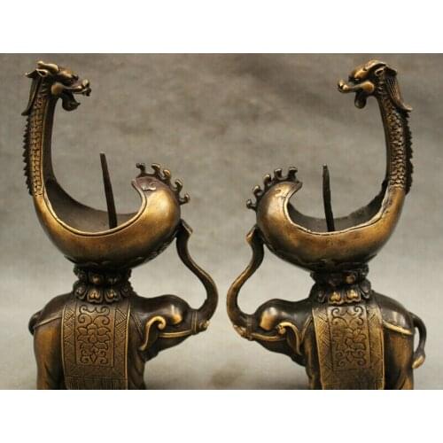 Song voge gem S2391 8" Chinese Bronze FengShui Dragon Head Ride Elephant Statue Candle Stick Holder