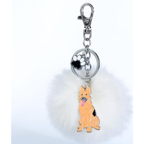 Rabbit Fur Pompom German Shepherd Key Chains For Women Men Pom Pom Ball Pet Dog Pendant Bag Charm Keyring Car Keychain Key Ring