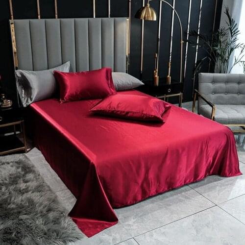 J 1PC Bed Sheet Wine Red Solid Color Smooth Top Sheets for Home Single/Queen/King Size Bed Linen Satin(no pillowcase)