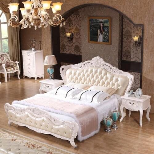 Modern european solid wood bed 2 people Fashion Carved genuine leather french bed bedroom furniture pearly white 0521