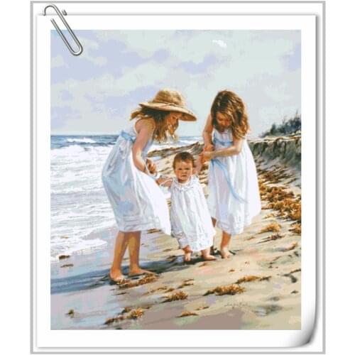 Top Quality Walking on the beach, mother and daughter,Embroidery Needlework 14CT Unprinted Cross Stitch Kits DIY Handmade Decor