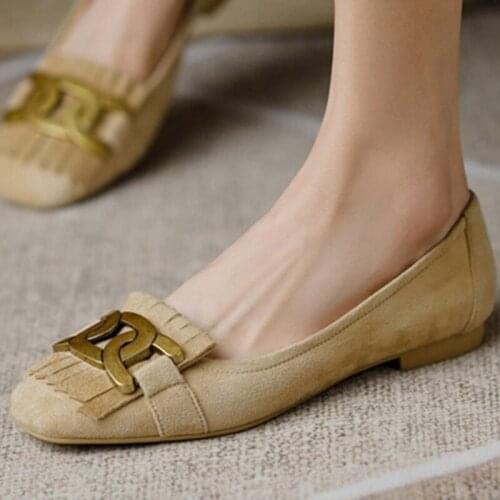 Womens Natural Suede Leather Slip-on Ballet Flats Leisure Soft Metal Decoration Fringe Espadrilles Square Toe Casual Shoes