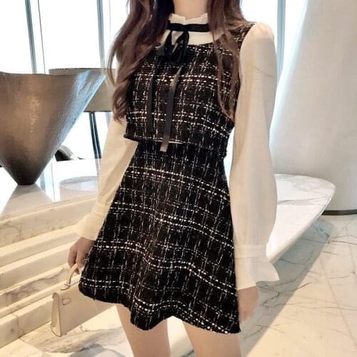 Women Elegant Vintage Black Plaid Mini Dress Fashion Fake Two Piece Patchwork Flare Sleeve Party Dress Retro Woolen A Line Dress