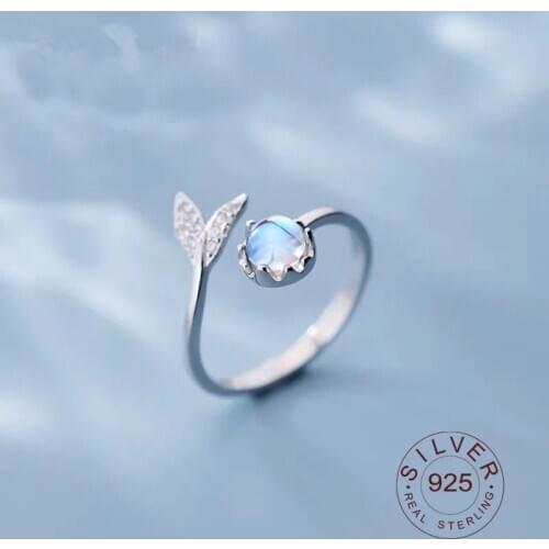 925 Sterling Silver Mermaid Moonstone Adjustable Size Finger Ring Fine Jewelry For Women Party Elegant Accessories JZ459