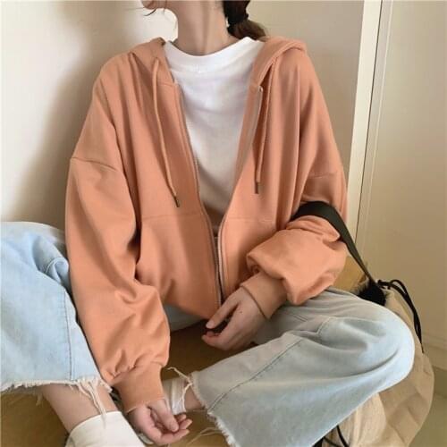 2021 new Korean loose thin long sleeve hooded sunscreen coat solid color retro shirt student girl sweater cardigan hooded top