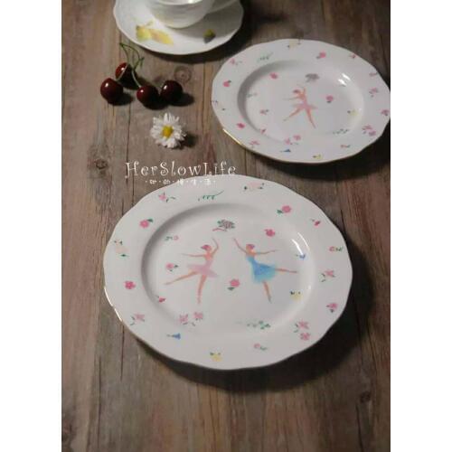 8-inch Elegant Afternoon Tea Golden Bone Porcelain Dessert Ballet Patterns Lotus Leaf Edge Disc 8-inch