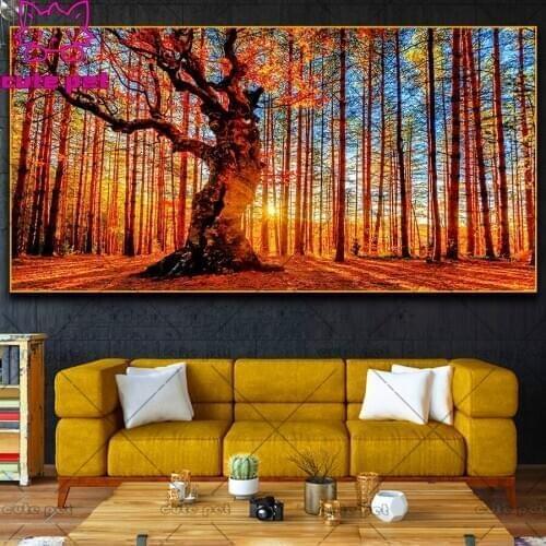 5D Full Round square Drill large Diy Sunset autumn forest Diamond Painting Cross Stitch Diamond puzzle Embroidery Mosaic Decor