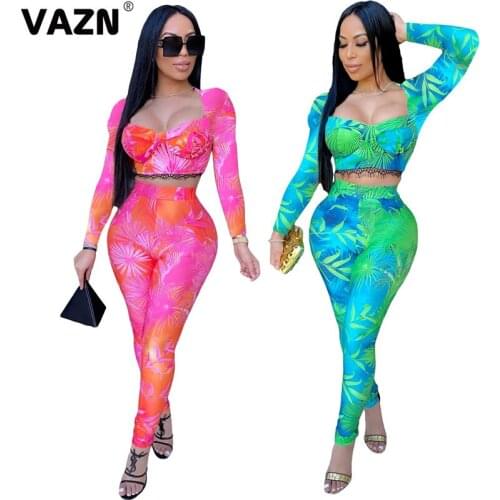 VAZN Bohemian style 2020 early autumn sexy lady 2-piece long set full sleeve square neck tops long pencil pants set sexy sets