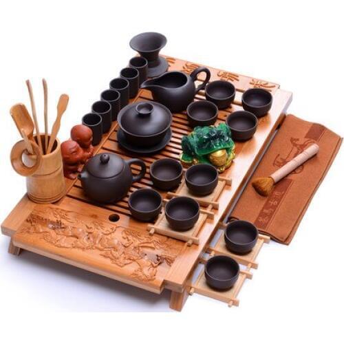 Kung Fu tea set ceramic tea pot tea cups bamboo tray plate Zisha household porcelain tea sets