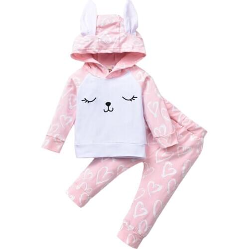 Newborn Baby Girl Clothes Set 3D Bunny Ear Hooded Top Long Love Heart Print Pants Easter Day Costume Valentines Outfit 0-24M