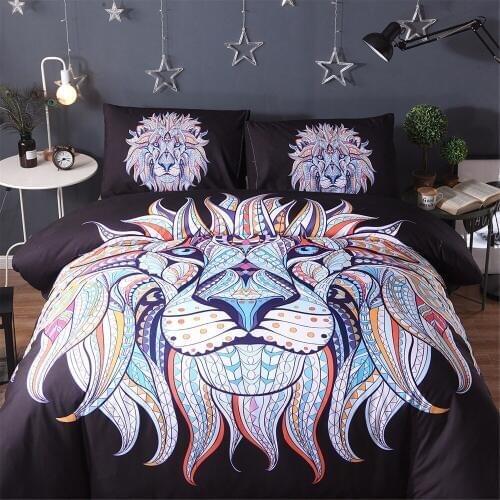 FUYA 3 Pieces 3D Lion Bedding Set Bohemia King Duvet Cover with Pillow Case Colorful Printed Bed Set Cover