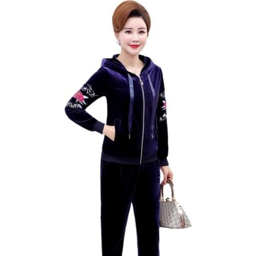 Middle-aged and Elderly Womens Suits Spring Autumn Sports Golden Velvet Hooded Embroidery Tops & Trousers 2 Pcs Sets Sportsuit