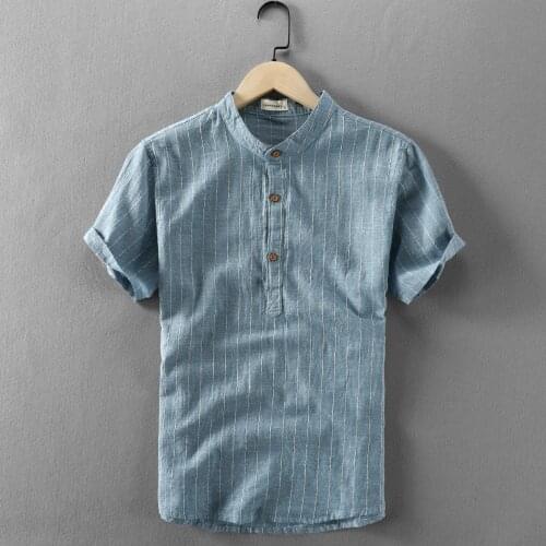 LF Men Linen Shirts Casual Slim Fit Thin Breathable Classic Retro Chinese Style Youth Popular Stand Collar Short Sleeve Tops