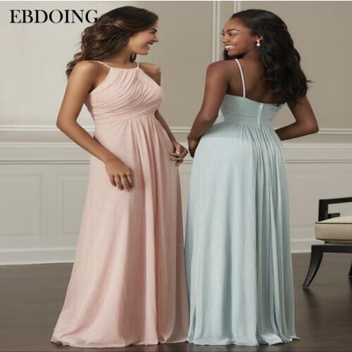 New Arrive Bridesmaid Dresses A-line Halter Neckline Spaghetti Straps Robe De Soiree Floor-length Wedding Party Dresses