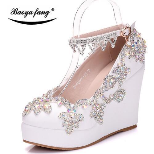 BaoYaFang New Womens wedding shoes High heels Wedges crystal party dress shoes woman High paltform shoes