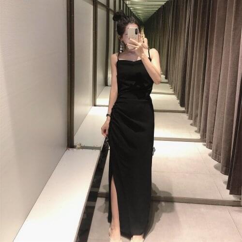 2021 autumn womens new slim and versatile black pleated sling sexy halter side slit long dress