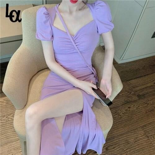 Luck A French Split Dress Women Sexy Puff Sleeve Dress Women Solid Japan Korean Style Elegant Casual Summer Dress Women
