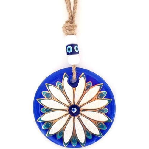 Gilded Glass Evil Eye Bead Handmade Wall Decoration with Gerbera Flower Pattern