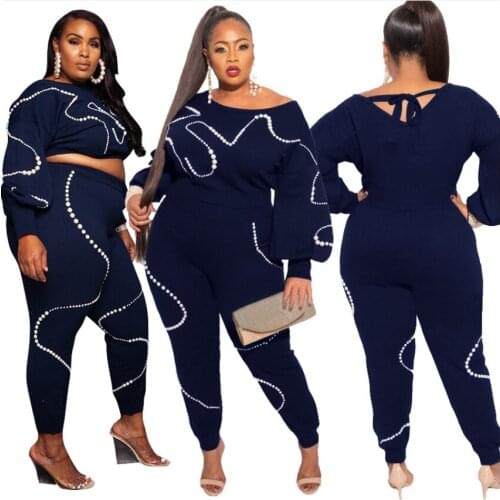 Plus Size Solid Women Beading Two Piece Sets Stunning O-neck Lady Lace-Up Lantern Sleeve Knitted Pullover Loose Pants Outfits