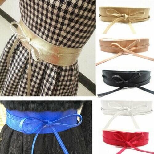 Classy Women Waist Belt Stretch Buckle Bow Wide PU Leather Elastic Slimming Lace Up Waistband Corset Tie Belt