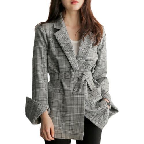 Gray Plaid Blazer Women 2019 Bow Sashes Jacket Female Elegant Work Coat Feminina Suit Split Office Ladies Jackets Full New