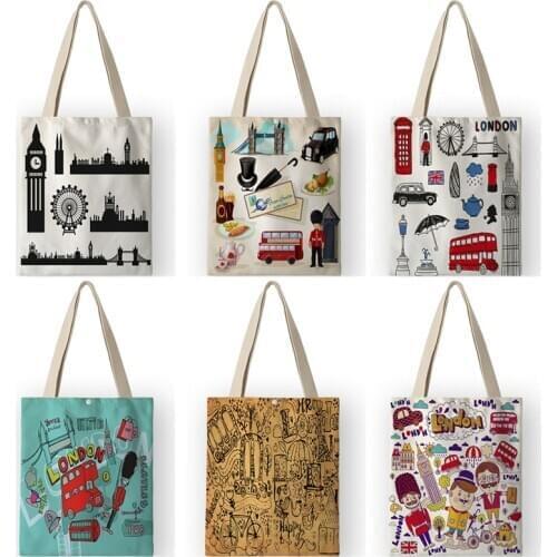 Vinatge British Style Womens Canvas Shoulder Bags Cartoon London Prints Shopping Handbags Totes Travel AKB01110