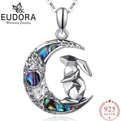 Eudora 925 Sterling Silver Abalone Shell moon bunny Pendant Mother Oyster Blue Colorful Fine Necklace Jewelry for Leader cyd625