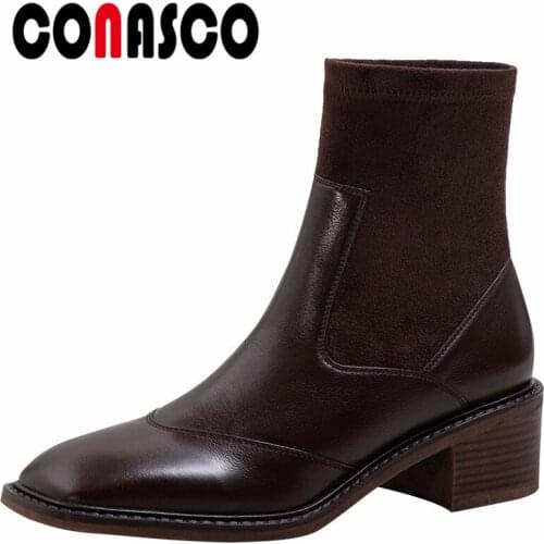 CONASCO New Arrival Women Ankle Boots Autumn Winter Warm Cow Leather Party Basic Prom Office Shoes Concise Elegant shoes Woman