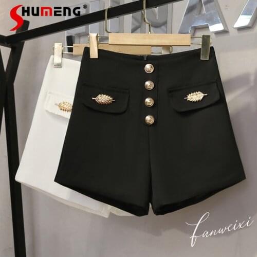 2021 Spring Summer Women New Faux Pocket Leaves High Waist Casual Shorts A- Line Wide Leg Trousers Fashion Solid Suit Shorts