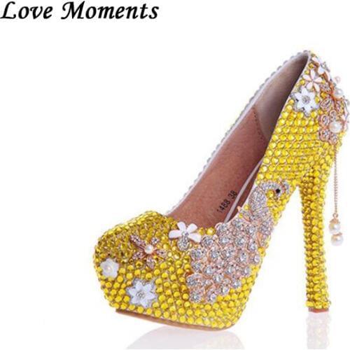 Gold rhinestone bridals wedding shoes high heels woman round toe platform shoes Real leather insole plus size 34-43