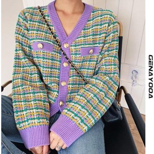 Genayooa V-neck Houndstooth Cardigan Women 2021 Autumn Winter Single Breasted Knit Sweater Women Kardigan Korean Ladies Chic