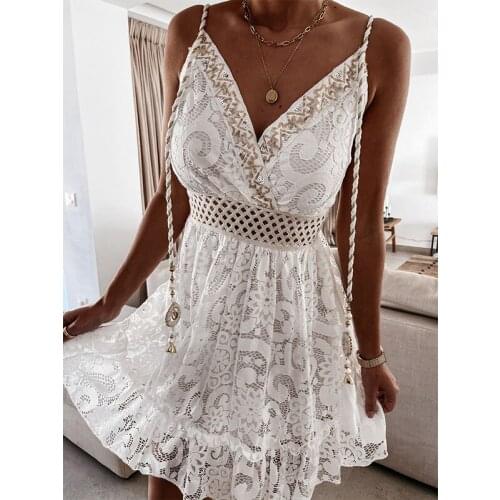 Floral White Lace Dress Sleeveless Party Dress Women Sequined Tassel Dress Hollow Out Fashion Summer Autumn Ladies Short Dress