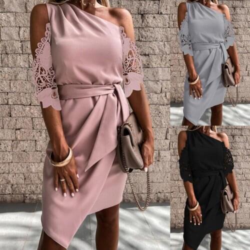 2021 Popular New Women Elegant Sloping Shoulder Lace Half Sleeve Off Shoulder Irregular Hem Belt Breathable Mini Dress for Beach