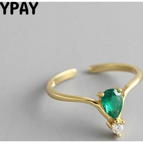 YPAY Solid 100% 925 Sterling Silver Open Rings for Women Ladies Gold Plated Green Zircon Bague INS Korean Fine Jewelry YMR758