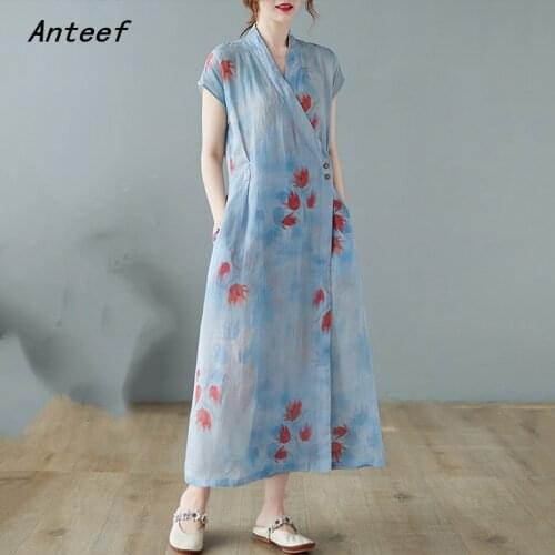 Anteef short sleeve cotton linen vintage floral dresses for women casual loose long woman summer wrap dress elegant 2021