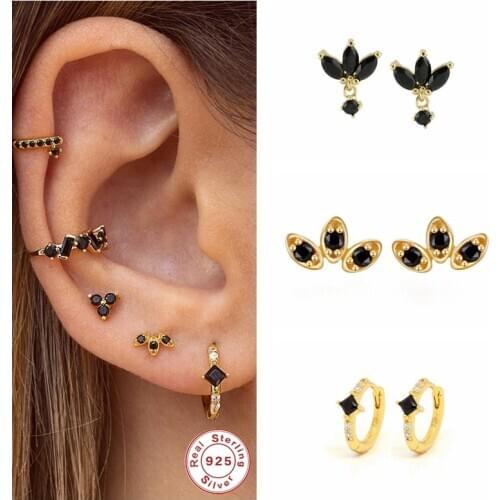 100% Real Silver 925 Jewelry Pendientes Oorbellen Black Zircon Earrings Cartilage Stud Earring For Ladies Women Charming Gifts