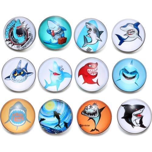 12pcs/Lot Mr.Shark Pattern Glass Charm 18mm Snap Button Jewelry For 18mm Snaps Bracelet Snap Jewelry KZ0518