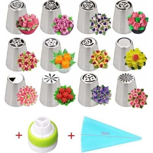 14pcs Pastry Bag Tips Kitchen DIY Icing Piping Cream Reusable Pastry Bags Nozzle Set Flower Russian Cake Decorating Tools