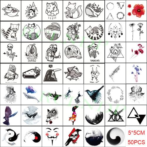 48 Pcs Waterproof Temporary Tattoo Stickers set Cat skull bones whale wolf tai chi Body Art Flash Tatto Fake Tatoo for Men Women