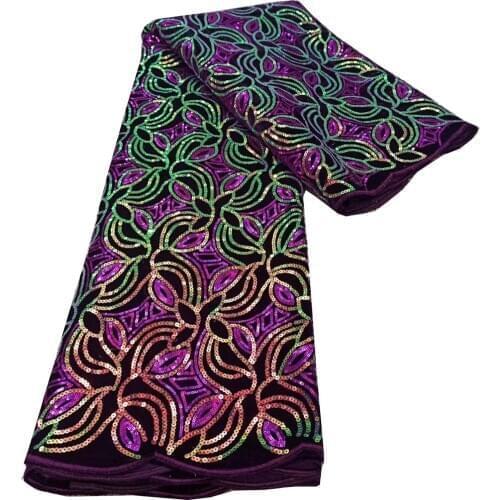 5yards/pc) soft African velvet lace fabric in purple with beautiful multicolored sequins embroidery for party dress FHS076