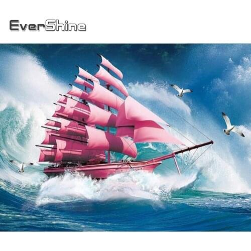 Evershine Diamond Painting Landscape Boat Diamond Mosaic Cross Stitch Kit Scenery Sea Rhinestones Pictures Wall Decoration