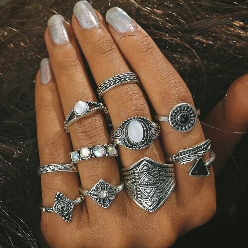 100 pieces/lot Ring Set Antique Gold Silver Color Hollow Flower Leaf Midi Finger Knuckle Rings Triangle Crystal Stone Jewelry