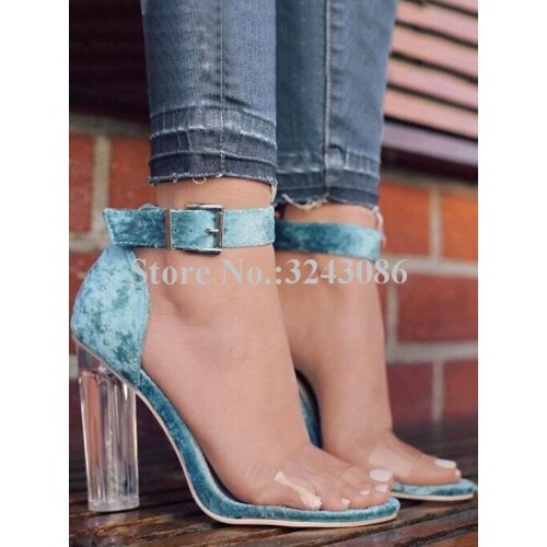 Crystal Chunky Heel Velvet Sandals Shoes Women Sexy PVC Buckle Strap Dress Sandals Blue Pink Banquet Sandals Shoes Dropship
