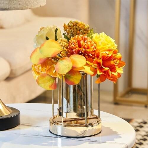 Nordic Golden Glass Vase Modern Iron Flower Vase Metal Plant Holder Flower Pot Container Office Desktop Decor Home Decoration